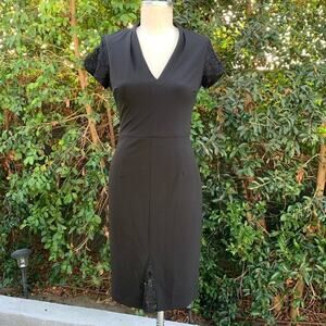 Betsey Johnson Black V-Neck Cocktail Midi Dress Lace Cap Sleeve Women’s 4